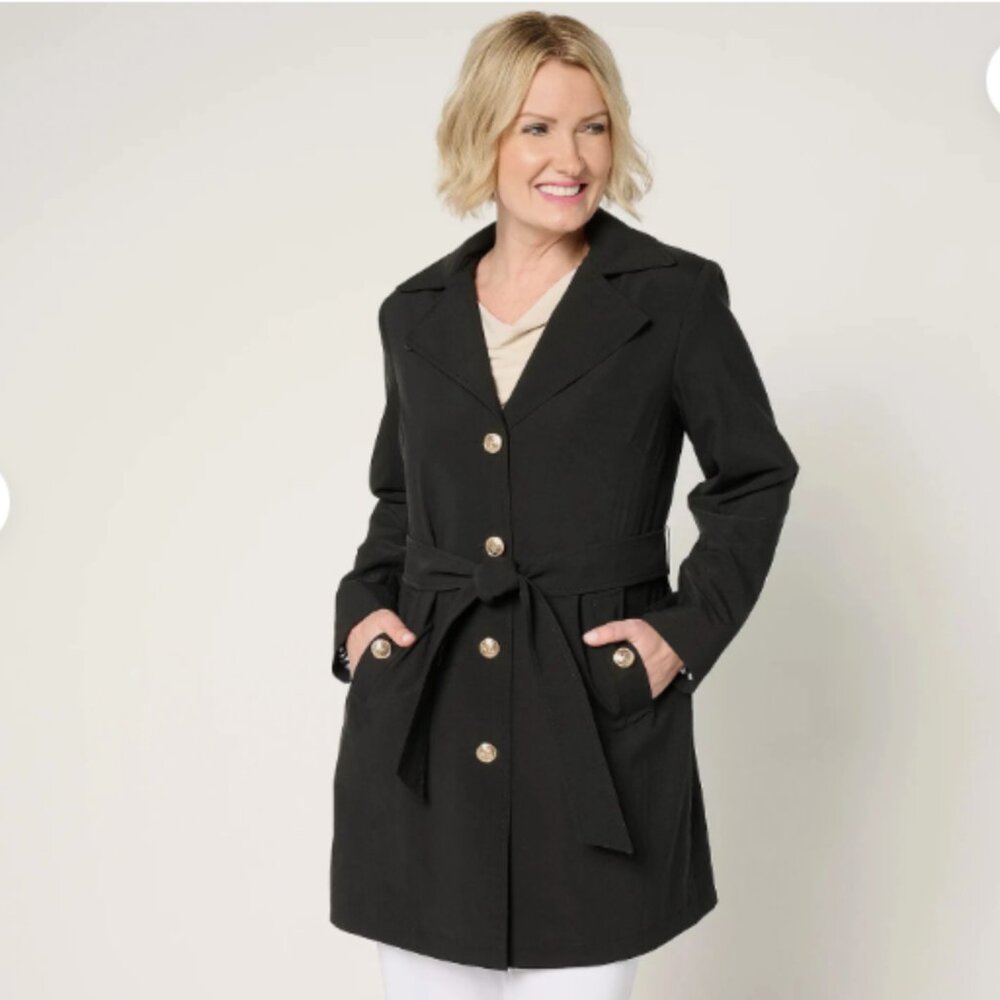 Dennis Basso Water Resistant Trench Coat w/Hood-Black-Petite 2X-NEW-A679224